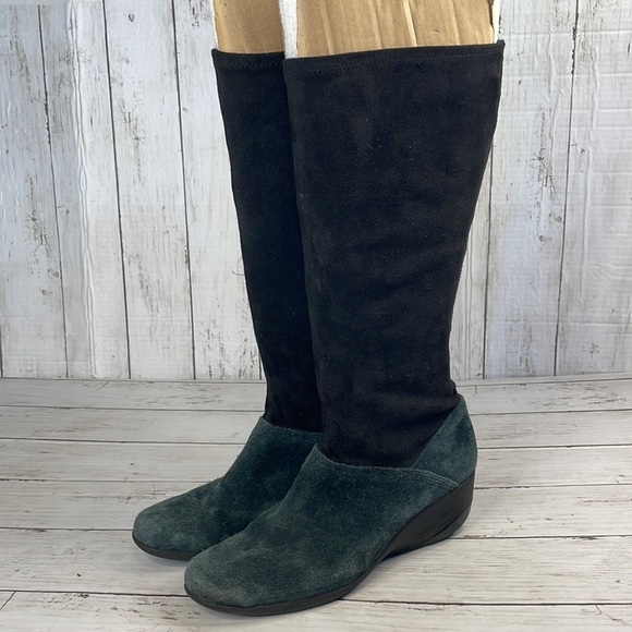 Rockport Waterproof Suede and Fabric Navy Blue and Black Knee High Wedge Boots - Picture 2 of 15